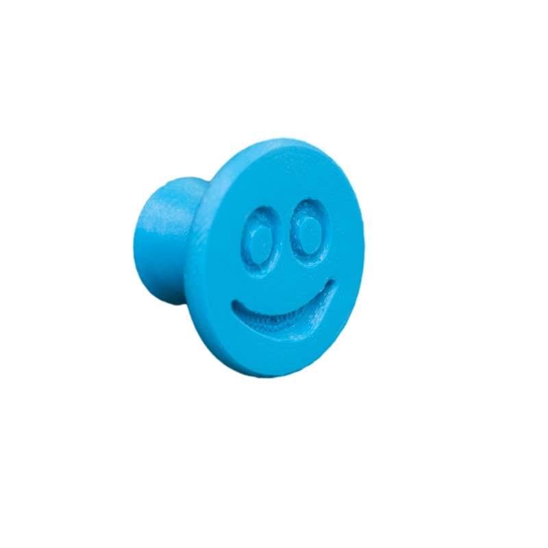Flexible furniture knob with smile, blue without background.
