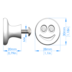 Elastyczna gałka meblowa z uśmiechem, rysunek wymiarowy.